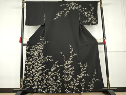 平和屋着物●訪問着　駒刺繍　萩　黒地　正絹　逸品　AABL0085cs