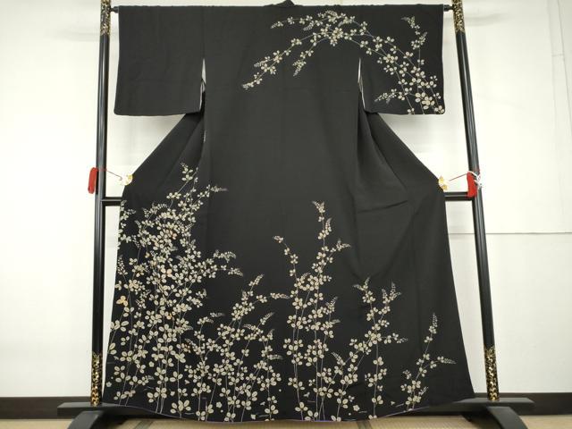 平和屋着物●訪問着　駒刺繍　萩　黒地　正絹　逸品　AABL0085cs