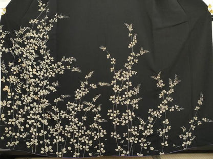 平和屋着物●訪問着　駒刺繍　萩　黒地　正絹　逸品　AABL0085cs