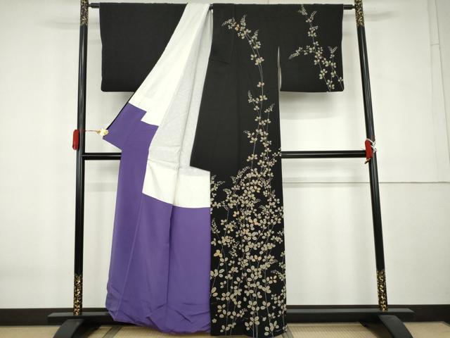 平和屋着物●訪問着　駒刺繍　萩　黒地　正絹　逸品　AABL0085cs