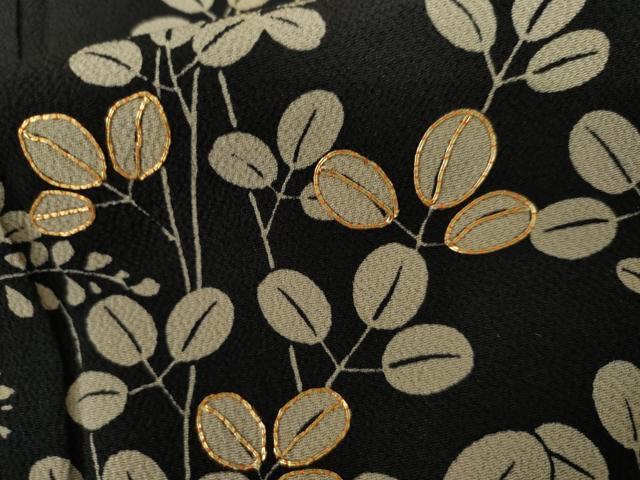 平和屋着物●訪問着　駒刺繍　萩　黒地　正絹　逸品　AABL0085cs