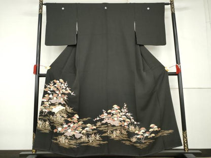 平和屋着物●豪華黒留袖　渡り橋風景松竹梅文　金彩　正絹　逸品　AABL0087cs