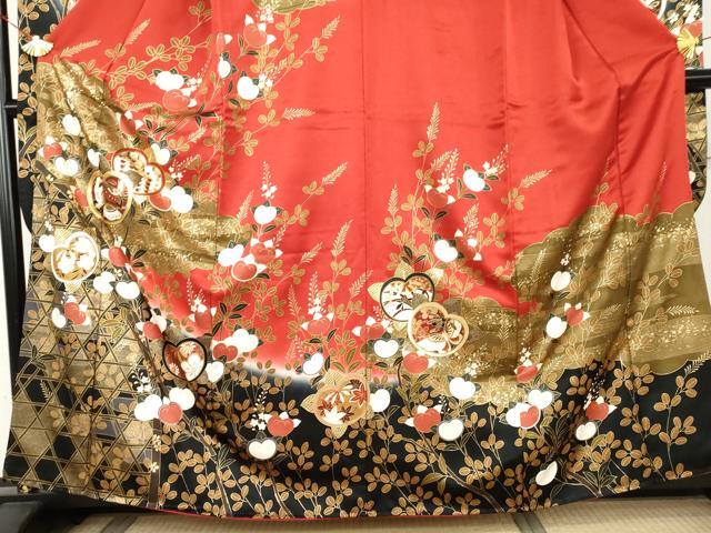 平和屋着物●豪華振袖　駒刺繍　橘　花蝶文　暈し染め　金彩　正絹　逸品　AABL0097cs