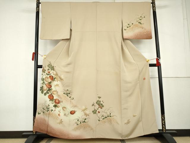 平和屋着物●ファッションデザイナー 花井幸子　訪問着　駒刺繍　光琳菊　梅　暈し染め　金彩　正絹　逸品　AABL0098cs