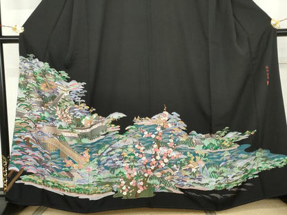 平和屋着物●豪華黒留袖　蘇州刺繍　作家物　渡り橋松竹梅風景文　正絹　逸品　AABL0102cs