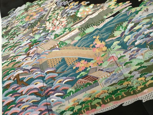 平和屋着物●豪華黒留袖　蘇州刺繍　作家物　渡り橋松竹梅風景文　正絹　逸品　AABL0102cs