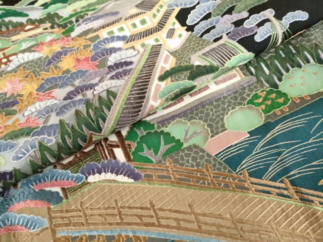 平和屋着物●豪華黒留袖　蘇州刺繍　作家物　渡り橋松竹梅風景文　正絹　逸品　AABL0102cs
