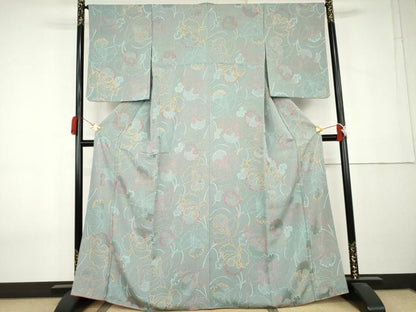 平和屋着物●上質な小紋　地紋起こし　草花文　千草色地　正絹　逸品　AABL0104cs