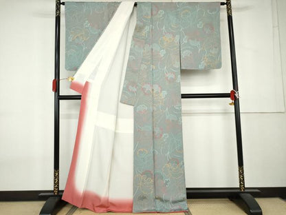 平和屋着物●上質な小紋　地紋起こし　草花文　千草色地　正絹　逸品　AABL0104cs