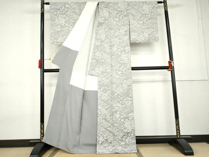平和屋着物●山岡古都・古都染人　染織美術品　薬墨染　天目織　お召　吉祥草花文　反端付き　正絹　逸品　AABL0105cs