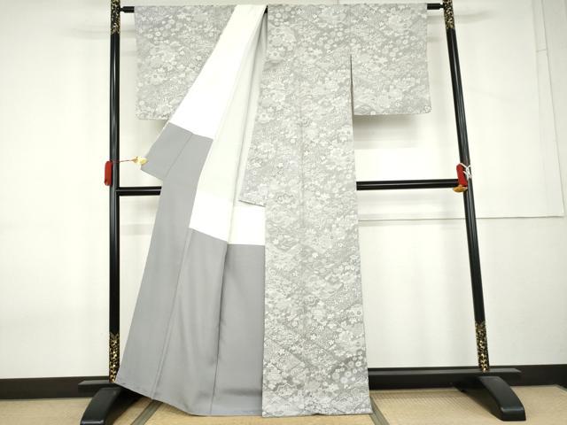 平和屋着物●山岡古都・古都染人　染織美術品　薬墨染　天目織　お召　吉祥草花文　反端付き　正絹　逸品　AABL0105cs