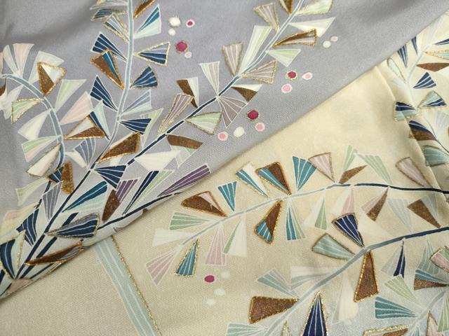 平和屋着物●訪問着　友禅　駒刺繍　枝葉文　暈し染め　金糸　金彩　正絹　逸品　AABL0110cs
