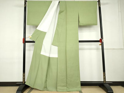 平和屋着物●上質な色無地　氷割れ地紋　柳色　正絹　逸品　AABL0112cs