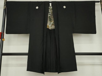 平和屋着物●男性　黒紋付・羽織セット　正絹　逸品　AABL0115cs