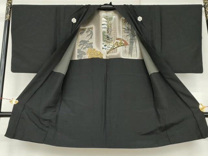 平和屋着物●男性　黒紋付・羽織セット　正絹　逸品　AABL0115cs