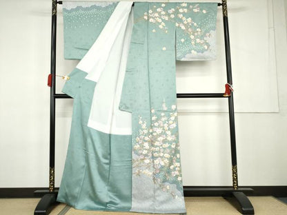 平和屋着物●訪問着　絞り　駒刺繍　枝花文　金銀彩　正絹　逸品　未使用　AABL0129cs