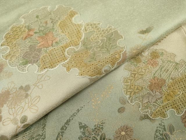 平和屋着物●中国三大刺繍　汕頭刺繍　スワトウ刺繍　訪問着　雪輪草花文　暈し染め　金彩　正絹　逸品　AABL0134cs