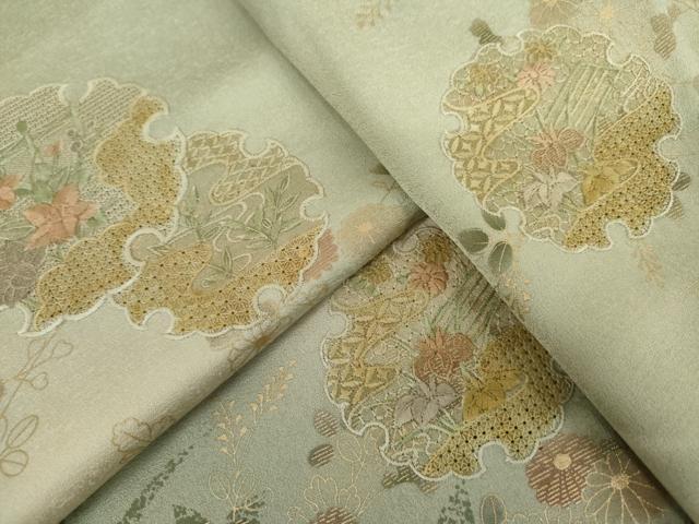 平和屋着物●中国三大刺繍　汕頭刺繍　スワトウ刺繍　訪問着　雪輪草花文　暈し染め　金彩　正絹　逸品　AABL0134cs