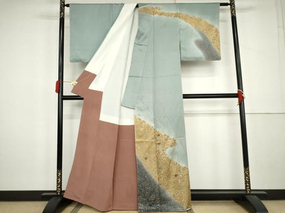 平和屋着物●訪問着　駒刺繍　花唐草文　暈し染め　金糸　金彩　正絹　逸品　AABL0138cs