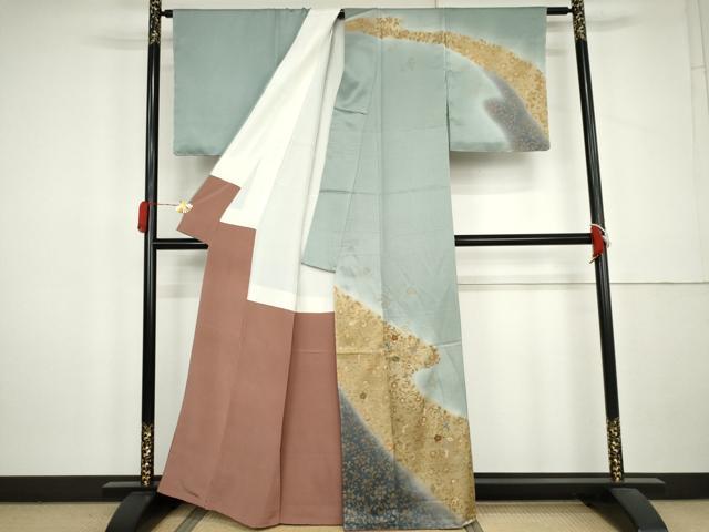 平和屋着物●訪問着　駒刺繍　花唐草文　暈し染め　金糸　金彩　正絹　逸品　AABL0138cs