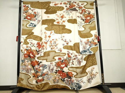 平和屋着物●豪華振袖　絞り　駒刺繍　鴛鴦草花文　金彩　正絹　逸品　AABL0139cs