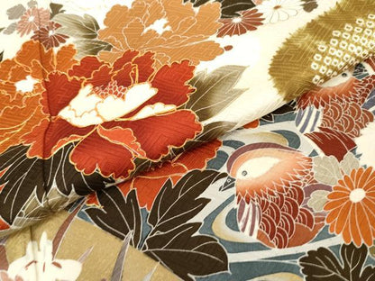 平和屋着物●豪華振袖　絞り　駒刺繍　鴛鴦草花文　金彩　正絹　逸品　AABL0139cs