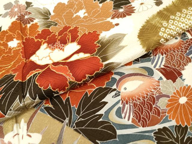 平和屋着物●豪華振袖　絞り　駒刺繍　鴛鴦草花文　金彩　正絹　逸品　AABL0139cs