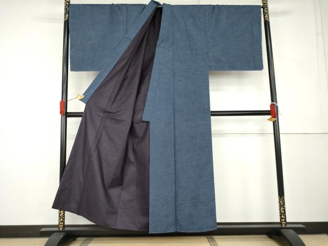 平和屋着物●男性　真綿紬　色無地　青藍色　猪俣謹製　キングサイズ　証紙付き　正絹　逸品　未使用　AABL0143cs