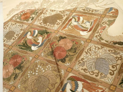 平和屋着物●豪華色留袖 総刺繍 双鳥花桐文 金糸 正絹 逸品 AABL0161cs