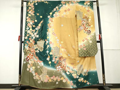 平和屋着物●豪華振袖 駒刺繍 御所車枝垂れ桜文 暈し染め 金彩 正絹 逸品 AABL0165cs