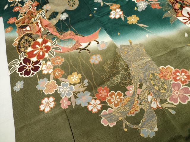 平和屋着物●豪華振袖 駒刺繍 御所車枝垂れ桜文 暈し染め 金彩 正絹 逸品 AABL0165cs