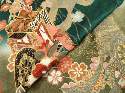 平和屋着物●豪華振袖 駒刺繍 御所車枝垂れ桜文 暈し染め 金彩 正絹 逸品 AABL0165cs