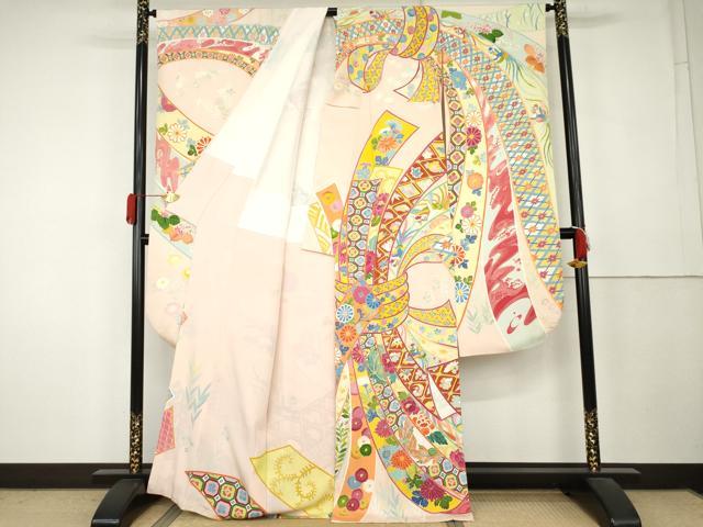 平和屋着物●希少　本加賀友禅作家　毎田仁郎　振袖　束ね熨斗鳳凰吉祥花文　正絹　逸品　AABL0179cs