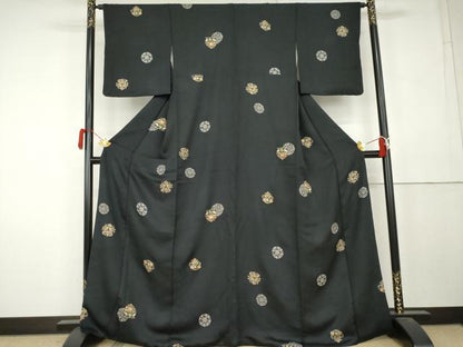平和屋着物●上質な小紋　花丸文　黒地　金彩　正絹　逸品　AABL0183cs