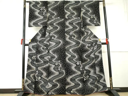 平和屋着物●上質な小紋　流水花文　黒地　正絹　逸品　AABL0186cs