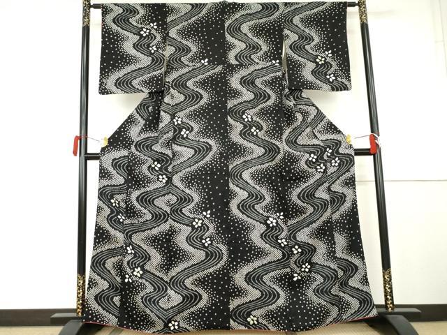 平和屋着物●上質な小紋　流水花文　黒地　正絹　逸品　AABL0186cs
