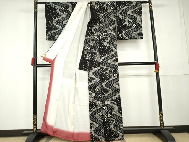 平和屋着物●上質な小紋　流水花文　黒地　正絹　逸品　AABL0186cs