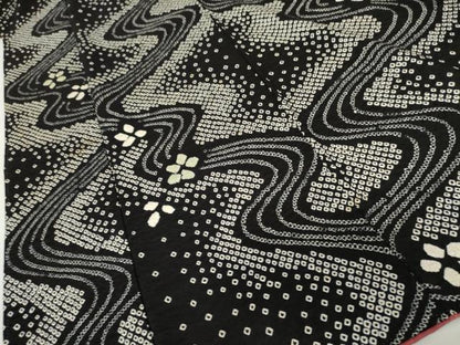 平和屋着物●上質な小紋　流水花文　黒地　正絹　逸品　AABL0186cs