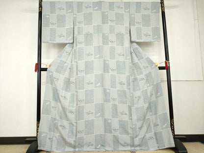 平和屋着物●上質な小紋　市松に楓　笹　正絹　逸品　AABL0192cs