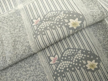 平和屋着物●上質な小紋　市松に楓　笹　正絹　逸品　AABL0192cs