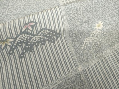 平和屋着物●上質な小紋　市松に楓　笹　正絹　逸品　AABL0192cs