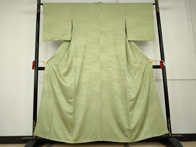 平和屋着物●上質な色無地　渡り橋風景地紋　若苗色　正絹　逸品　AABL0196cs