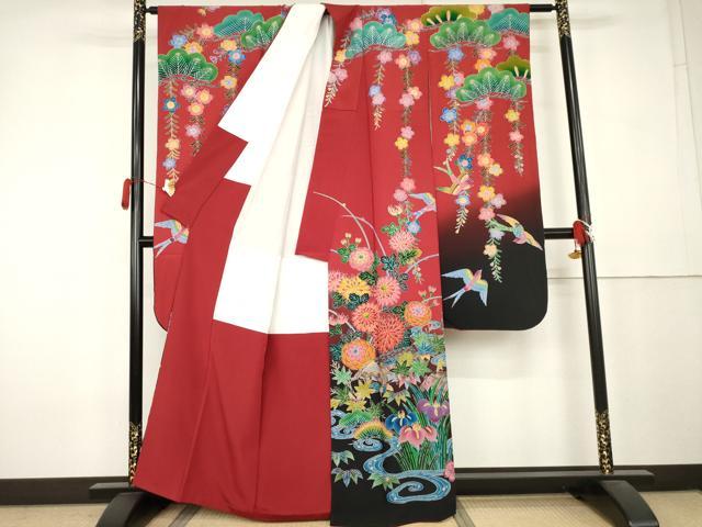 平和屋着物●紅型　振袖　花鳥風景文　暈し染め　正絹　逸品　AABL0201cs
