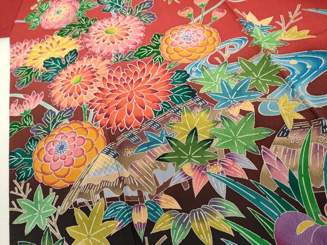 平和屋着物●紅型　振袖　花鳥風景文　暈し染め　正絹　逸品　AABL0201cs