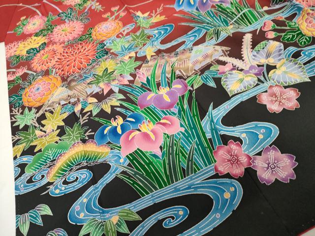 平和屋着物●紅型　振袖　花鳥風景文　暈し染め　正絹　逸品　AABL0201cs