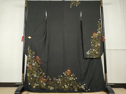 平和屋着物●豪華振袖　桜毬文　黒地　金彩　正絹　逸品　AABL0211cs