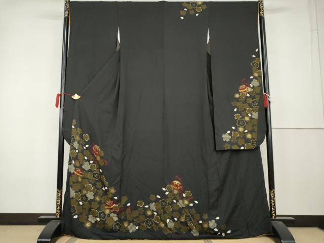 平和屋着物●豪華振袖　桜毬文　黒地　金彩　正絹　逸品　AABL0211cs