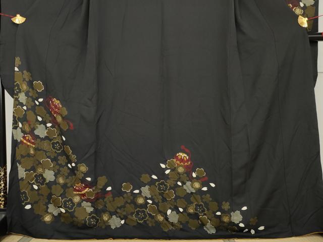 平和屋着物●豪華振袖　桜毬文　黒地　金彩　正絹　逸品　AABL0211cs