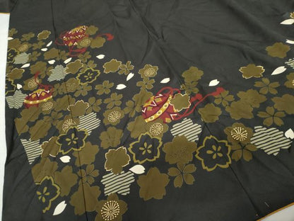 平和屋着物●豪華振袖　桜毬文　黒地　金彩　正絹　逸品　AABL0211cs