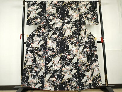平和屋着物●上質な小紋　扇面花鳥文　黒地　金彩　三越扱い　正絹　逸品　AABL0213cs